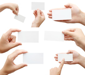 Set of hand holding an empty business card over white