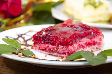 Sweet raspberry and strawberries dessert with chocolate