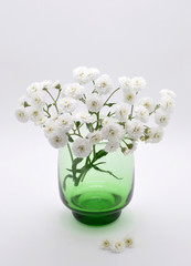 A bouquet of white flowers is in glass