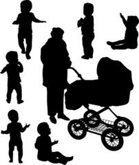 woman and children silhouettes isolated on white