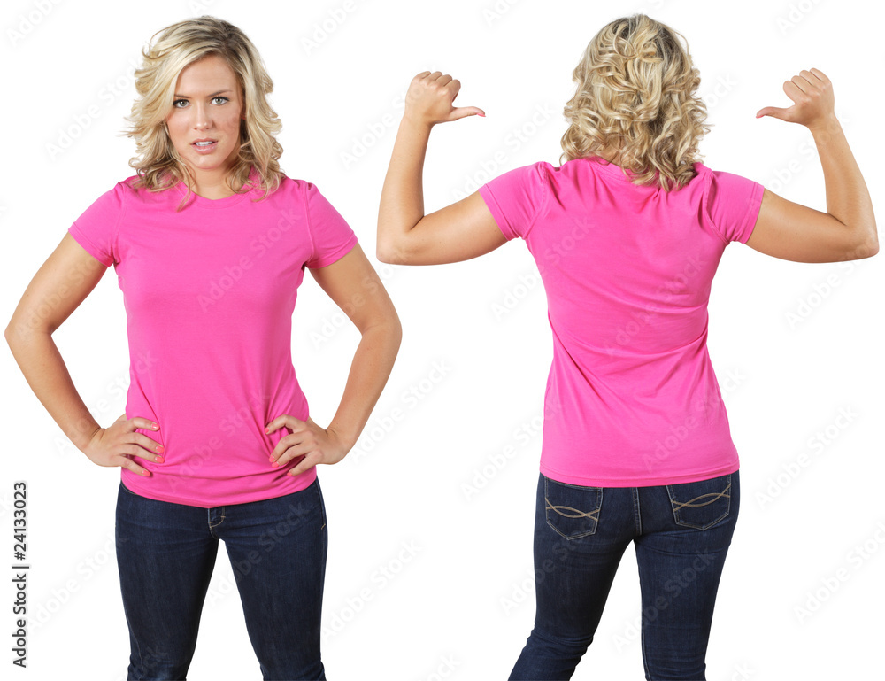 Wall mural Female with blank pink shirt