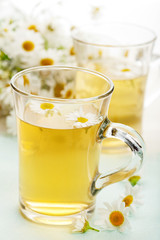 cup of herbal tea with camomile flowers