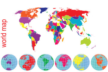 Fototapeta na wymiar World map in bright tones with Earth globes