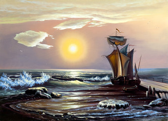 Sailing boat against the coming sun