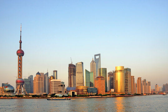 Shanghai the pearl tower and Pudong skyline at sunset