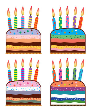 vector set of colorful birthday cakes with burning candles