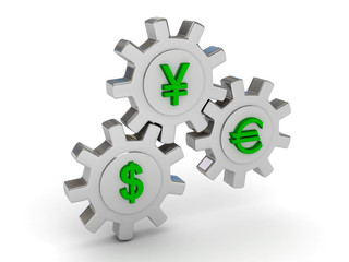 Gears with dollar yen and euro signs