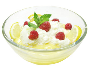 fruit pudding dessert with raspberry