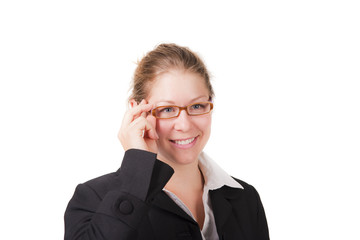 Buisness Frau mit Brille laechelt