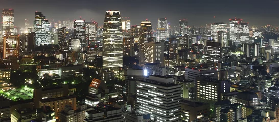 Gordijnen Tokyo bij nachtpanorama met verlichte wolkenkrabbers © Achim Baqué