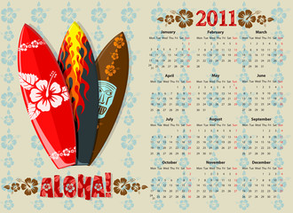 Vector Aloha calendar 2011 with surf boards