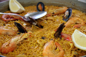 Paella with shrimps and mussels Spain