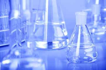 laboratory glassware in blue