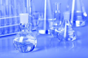 laboratory glassware in blue