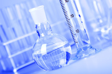 laboratory glassware in blue