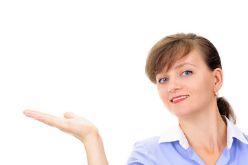 Beautiful woman showing presenting something on the palm