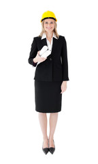 Positive female architect holding blueprints