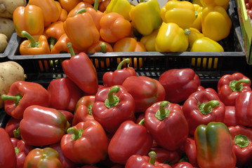 Peppers on market stall. Epsom. Surrey. England