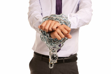 Businessman hands fettered chain and padlock, job slave