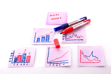 Notes with earn money symbols and charts
