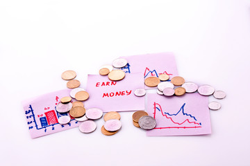 Notes with earn money symbols and charts