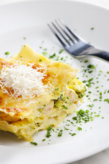 lasagne with broccoli and chicken meat