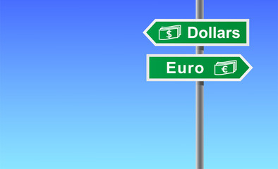 Arrows dollars euro on sky background.