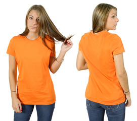 Female wearing blank orange shirt - 24229623