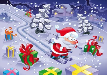 Selbstklebende Fototapeten Santa Claus skiing in the night. © ddraw