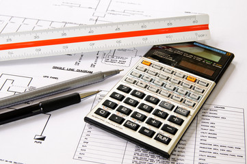 A drawing with calculator, pens and ruler. #1.