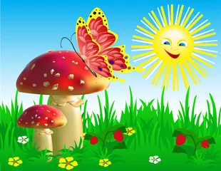 Poster Magische Welt Sommerlandschaft mit Pilzen und einem Schmetterling.