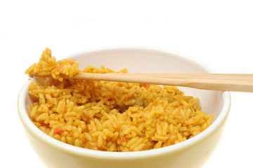 Closeup of rice and chopsticks in a bowl