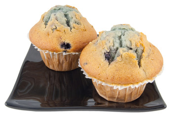 two blueberry muffins on plate isolated on white