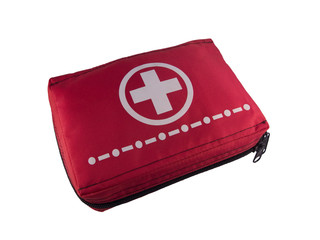 Red first aid kit isolated on white