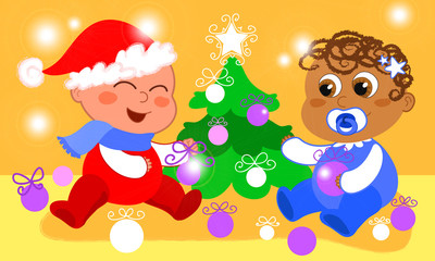 Bambini che addobbano l'albero di Natale