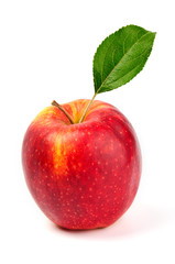 Fototapeta na wymiar apple red with leaf on a white background