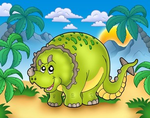 Naklejka premium Cartoon triceratops in landscape
