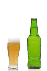 beer glass and beer bottle isolated on white background