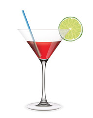 Cocktail with lime and straw. Vector illustration.