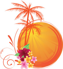Fototapeta na wymiar Summer sunset round banner with palm trees and tropical flowers