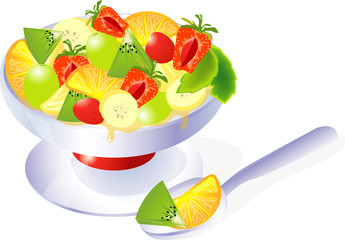 fruit salad in the cup with strawberries, kiwi, banana,orange and grape