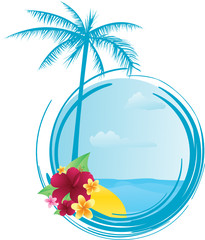Round summer banner with palm tree and tropical flowers