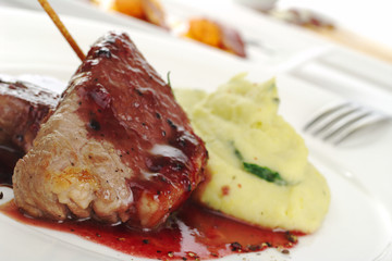 Main dish: Meat and mashed potatoes (Selective Focus)