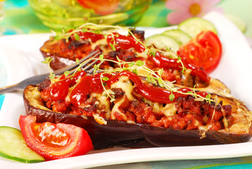 grilled aubergine stuffed with meat and vegetables