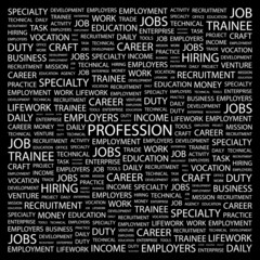 PROFESSION. Collage with association terms on black background.