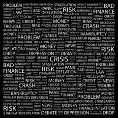 CRISIS. Collage with association terms on black background.