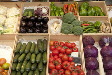 Fruit and vegatables on indoor market stall