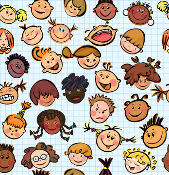Vector seamless pattern of kid's faces different races
