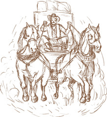 Fototapeta na wymiar Cowboy stagecoach driver and horses front view