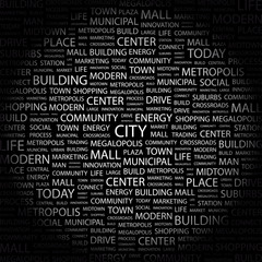 CITY. Collage with association terms on black background.